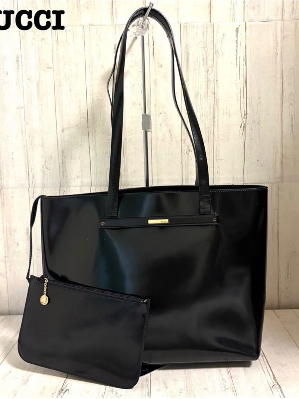 Gucci Black Patent Leather Tote with Detachable Black Pouch